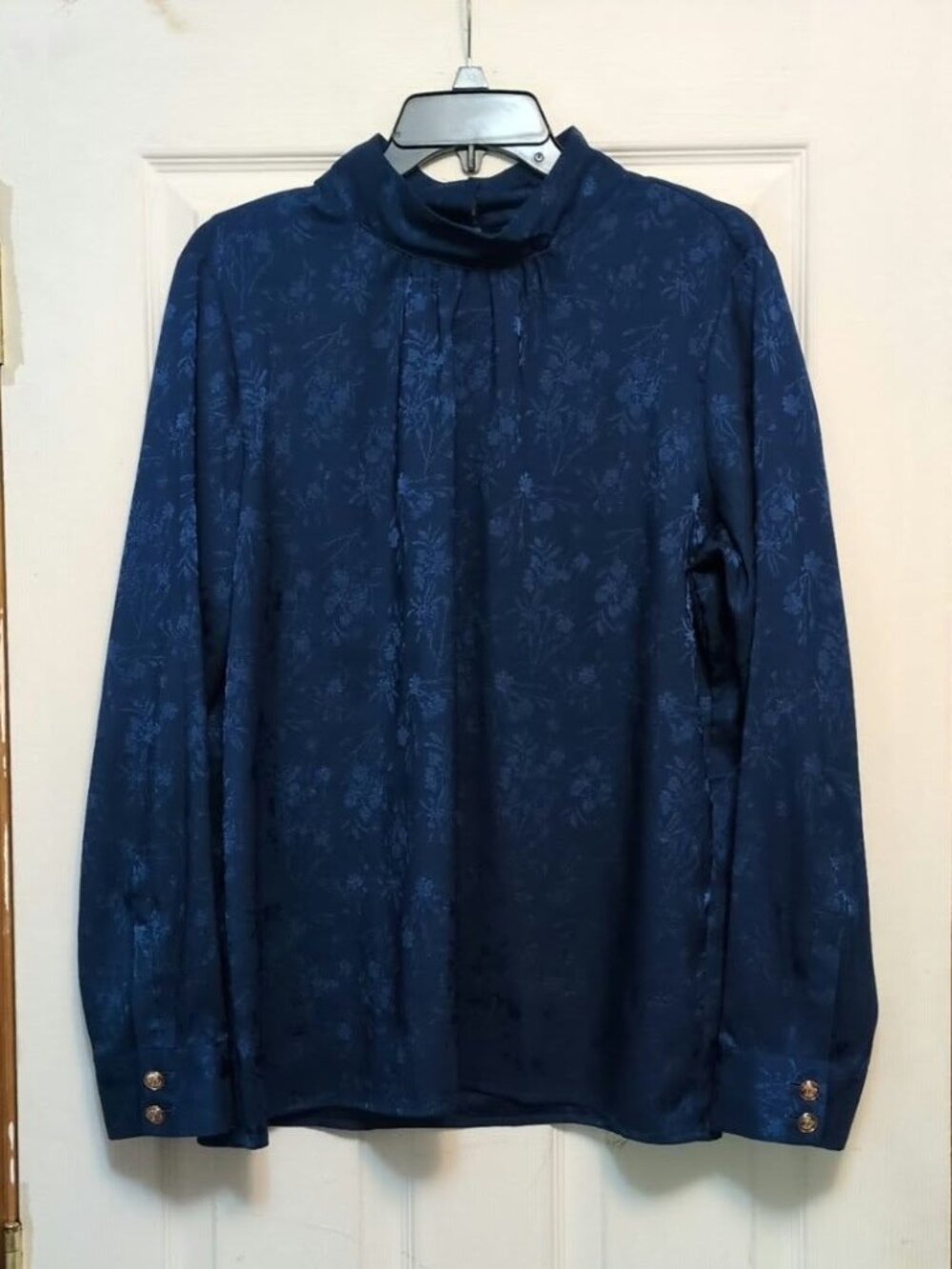 Calvin Klein Dark Indigo Mock Neck Pleated Jacquard Satin Blouse Sz 1X 80s 90s